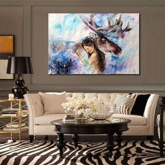 Colorful Elk With A Woman Canvas Wall Art Living Room