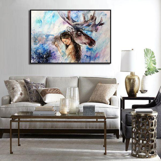 Colorful Elk With A Woman Canvas Wall Art Print