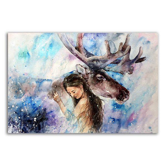 Colorful Elk With A Woman Canvas Wall Art
