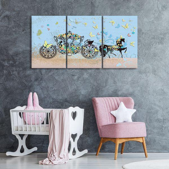 Colorful Floral Carriage 3 Panels Canvas Wall Art Nursery