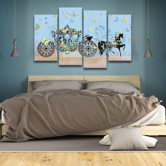 Colorful Floral Carriage 4 Panels Canvas Wall Art Bedroom