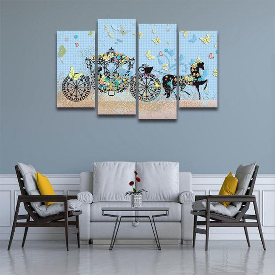 Colorful Floral Carriage 4 Panels Canvas Wall Art Living Room