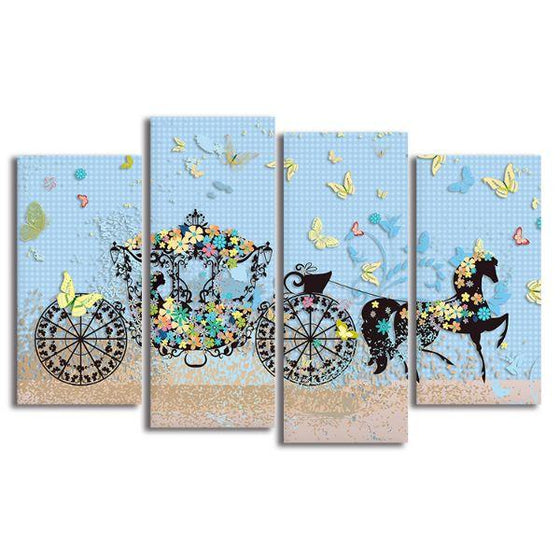 Colorful Floral Carriage 4 Panels Canvas Wall Art