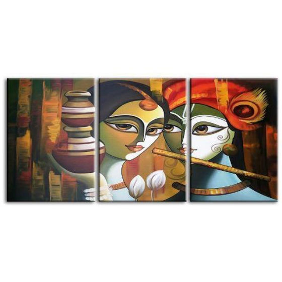 Colorful Radha & Krishna 3 Panels Canvas Wall Art
