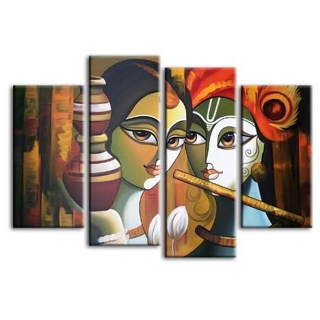 Colorful Radha & Krishna 4 Panels Canvas Wall Art