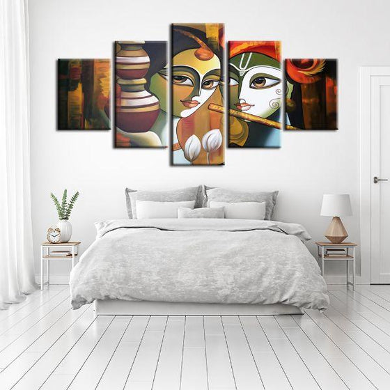 Colorful Radha & Krishna 5 Panels Canvas Wall Art Bedroom