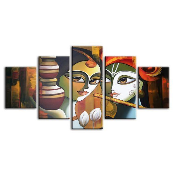 Colorful Radha & Krishna 5 Panels Canvas Wall Art
