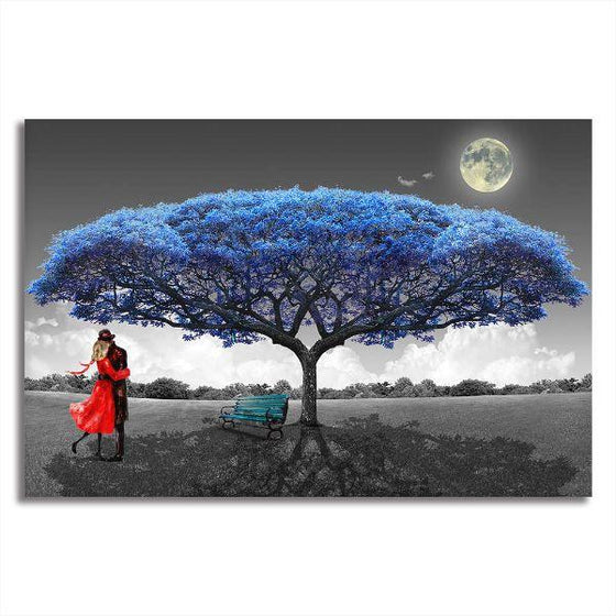Couple Under A Big Blue Tree Canvas Wall Art