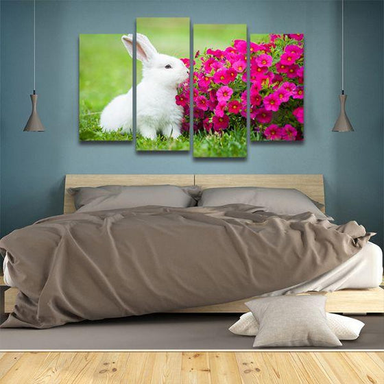 Cuddly Rabbit & Flowers 4 Panels Canvas Wall Art Bed Room