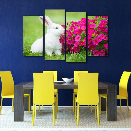 Cuddly Rabbit & Flowers 4 Panels Canvas Wall Art Dining Room
