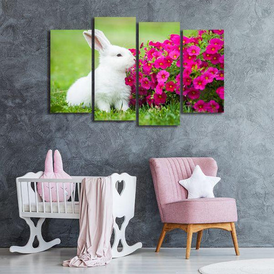 Cuddly Rabbit & Flowers 4 Panels Canvas Wall Art Nursery