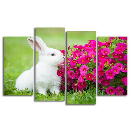 Cuddly Rabbit & Flowers 4 Panels Canvas Wall Art