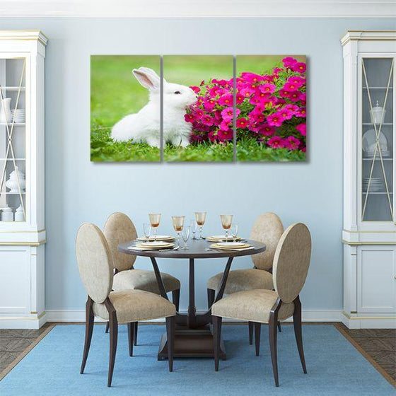 Cuddly Rabbit & Flowers 3 Panels Canvas Wall Art Dining Room