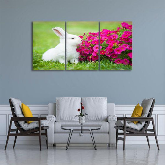 Cuddly Rabbit & Flowers 3 Panels Canvas Art