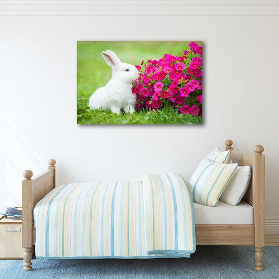 Cuddly Rabbit & Pink Flowers Canvas Wall Art Bedroom