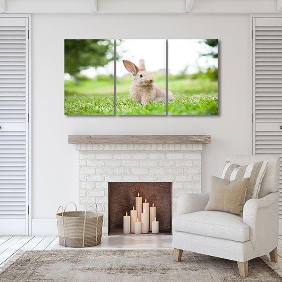 Cute Rabbit In The Grass 3 Panels Canvas Wall Art Print