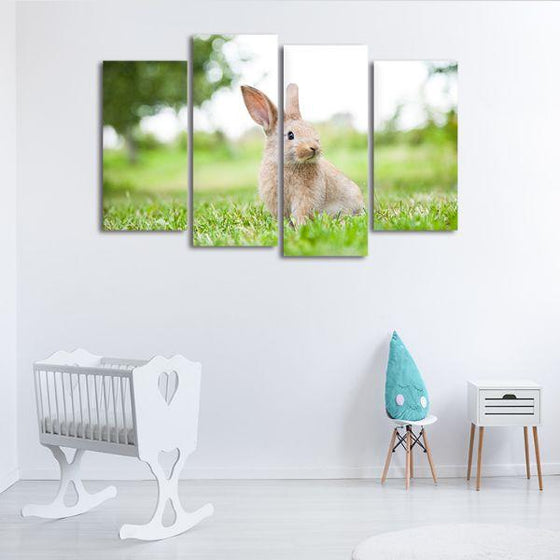 Cute Rabbit In The Grass 4 Panels Canvas Wall Art Decor