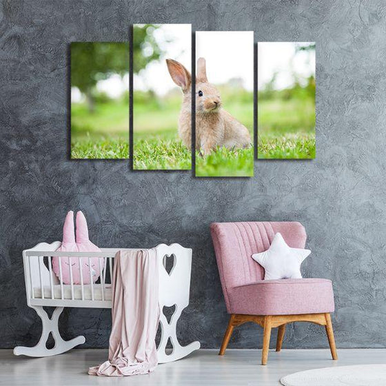 Cute Rabbit In The Grass 4 Panels Canvas Wall Art Nursery