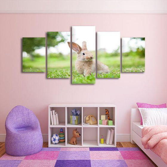 Cute Rabbit In The Grass 5 Panels Canvas Wall Art Living Room