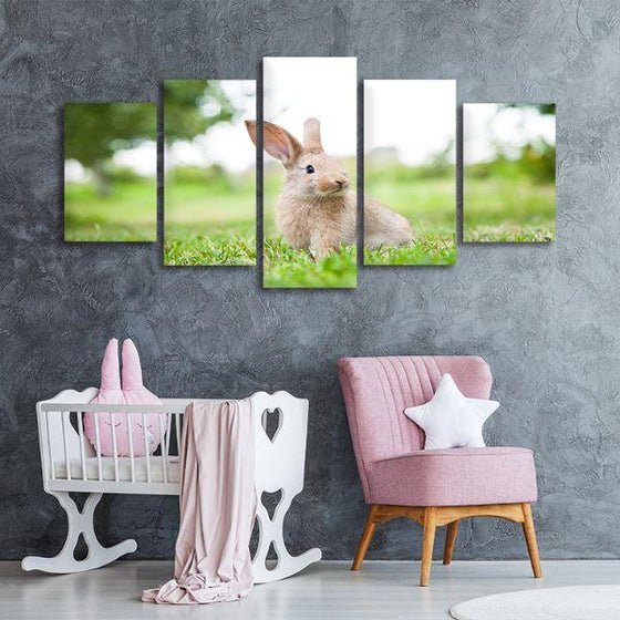 Cute Rabbit In The Grass 5 Panels Canvas Wall Art Nursery