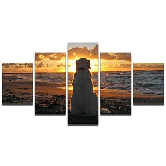Dog At The Beach & Sunset Canvas Wall Art Prints
