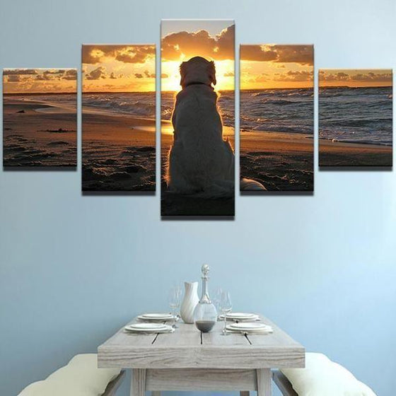 Dog At The Beach & Sunset Canvas Wall Art  Dining Room