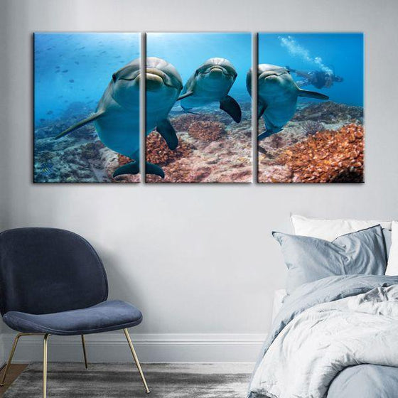 Dolphins Under The Ocean 3-Panel Canvas Wall Art Bedroom