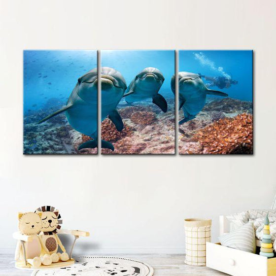Dolphins Under The Ocean 3-Panel Canvas Wall Art Decor