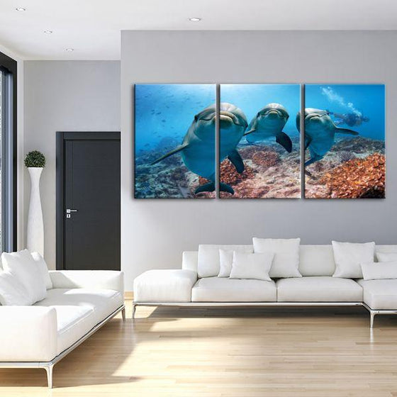 Dolphins Under The Ocean 3-Panel Canvas Wall Art Living Room