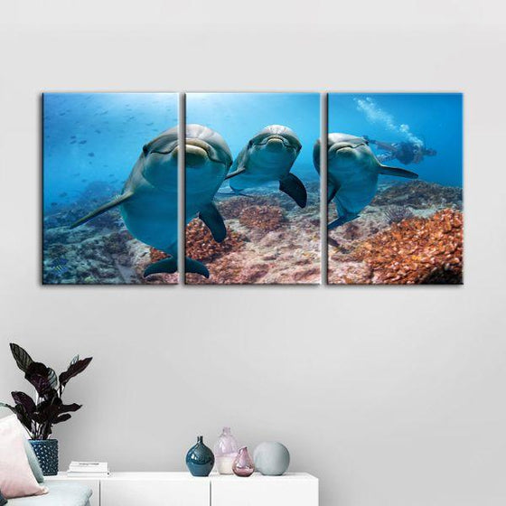 Dolphins Under The Ocean 3-Panel Canvas Wall Art Set