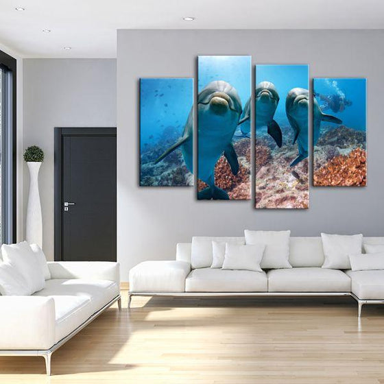 Dolphins Under The Ocean 4-Panel Canvas Wall Art Living Room
