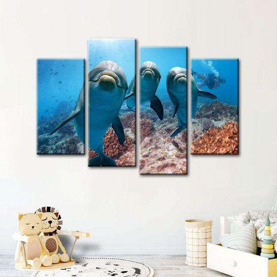 Dolphins Under The Ocean 4-Panel Canvas Wall Art Set