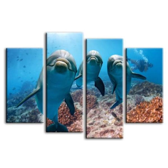 Dolphins Under The Ocean 4-Panel Canvas Wall Art