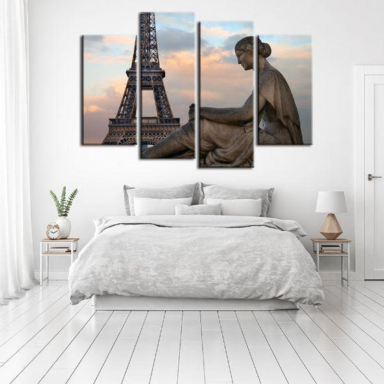 Eiffel Tower & Statue 4 Panels Canvas Wall Art Bedroom