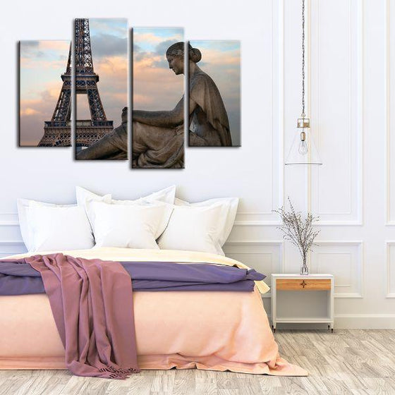 Eiffel Tower & Statue 4 Panels Canvas Wall Art Decor