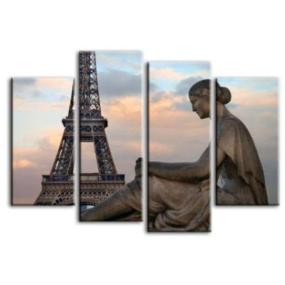 Eiffel Tower & Statue 4 Panels Canvas Wall Art