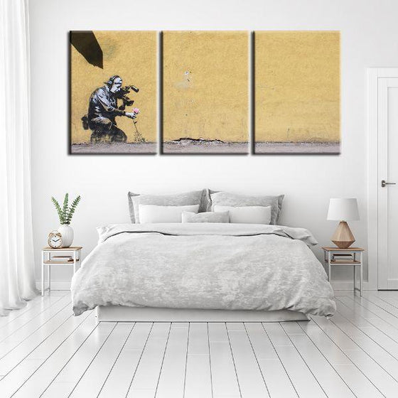 Filming A Flower By Banksy 3 Panels Canvas Wall Art Bedroom