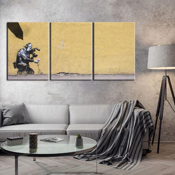 Filming A Flower By Banksy 3 Panels Canvas Wall Art Living Room