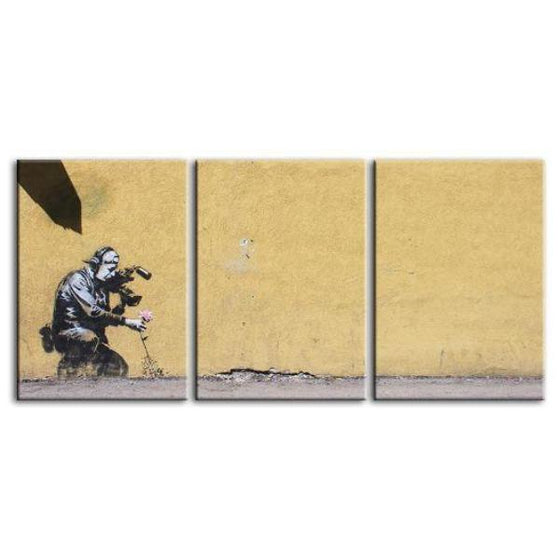 Filming A Flower By Banksy 3 Panels Canvas Wall Art