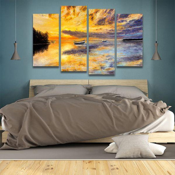 Fishing Boats And Sunset 4 Panels Canvas Wall Art Bedroom