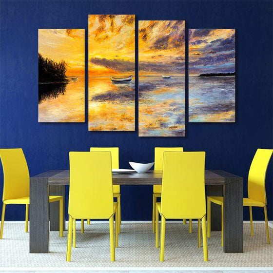 Fishing Boats And Sunset 4 Panels Canvas Wall Art Dining Room
