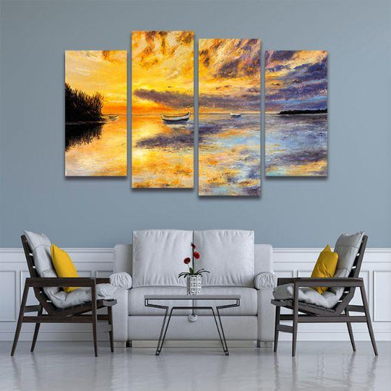 Fishing Boats And Sunset 4 Panels Canvas Wall Art Living Room