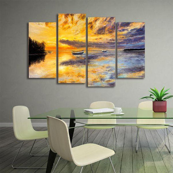 Fishing Boats And Sunset 4 Panels Canvas Wall Art Office
