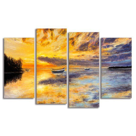 Fishing Boats And Sunset 4 Panels Canvas Wall Art