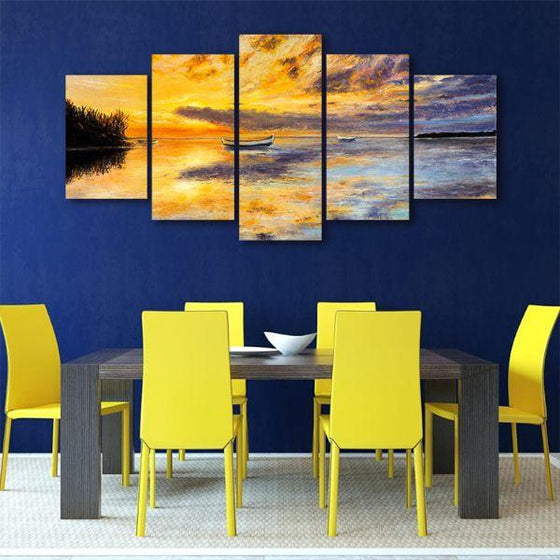 Fishing Boats And Sunset 5 Panels Canvas Wall Art Dining Room