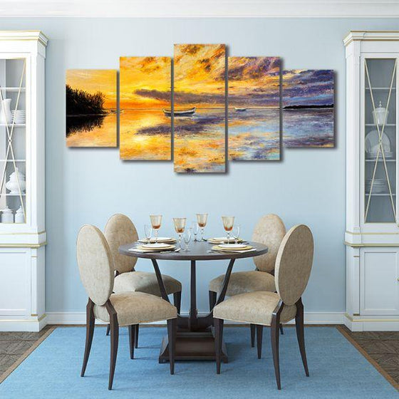 Fishing Boats And Sunset 5 Panels Canvas Wall Art Kitchen