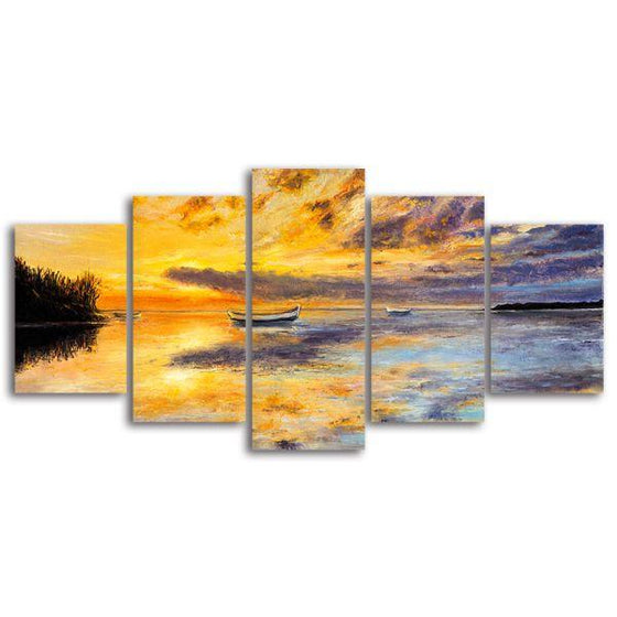 Fishing Boats And Sunset 5 Panels Canvas Wall Art