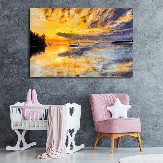 Fishing Boats And Sunset Canvas Wall Art Nursery