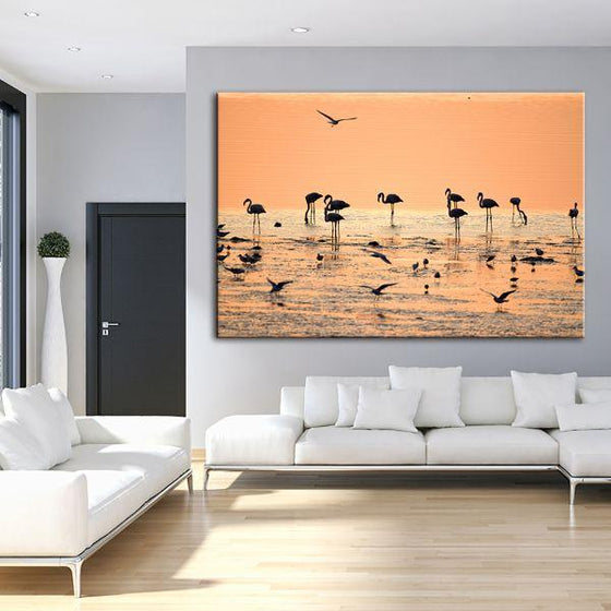 Flamingos At Sunset Canvas Wall Art Living Room