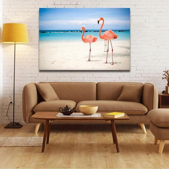 Flamingos By The Beach Canvas Wall Art Living Room